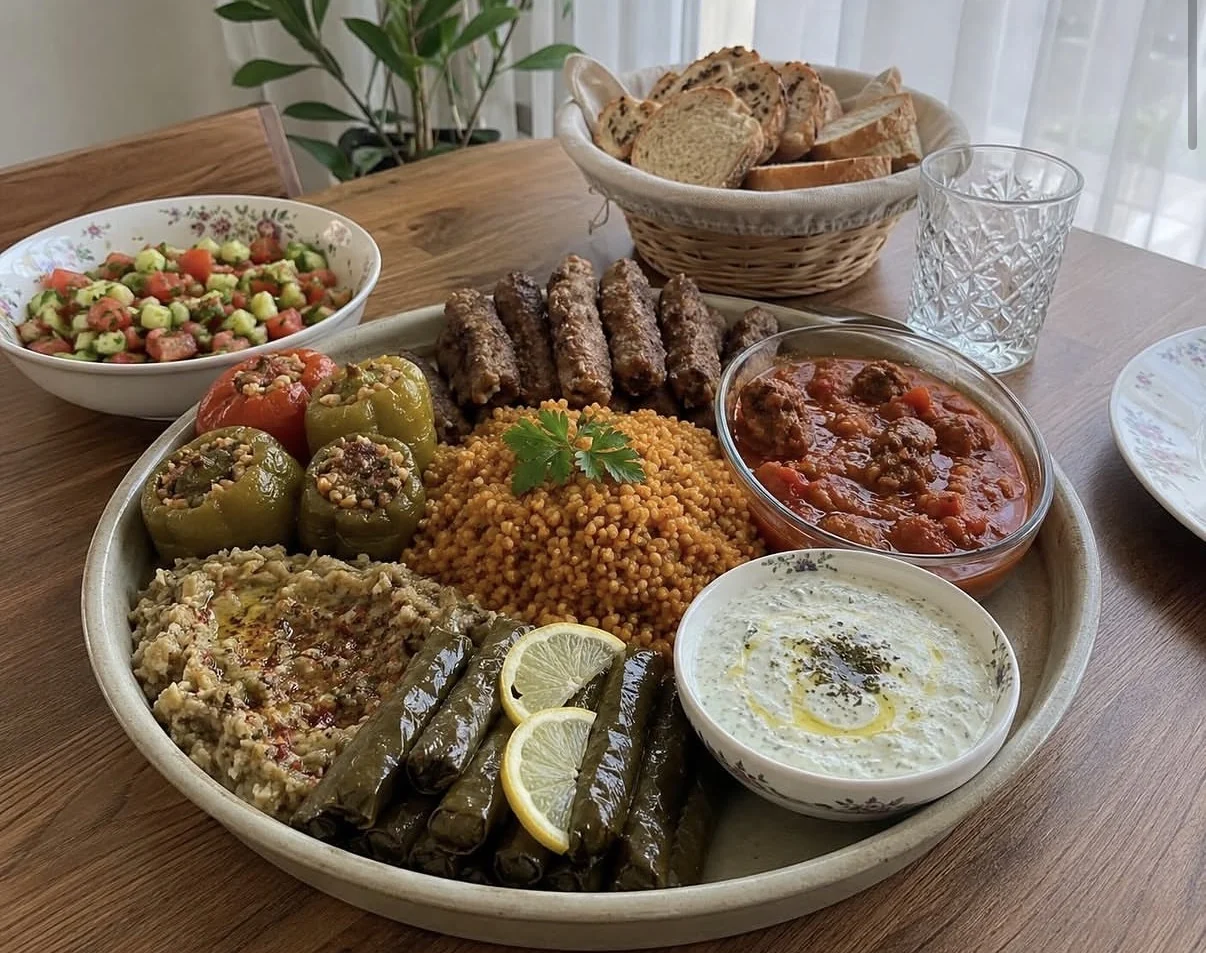 Turkish gathering platter with grilled meats, meze and bulgur